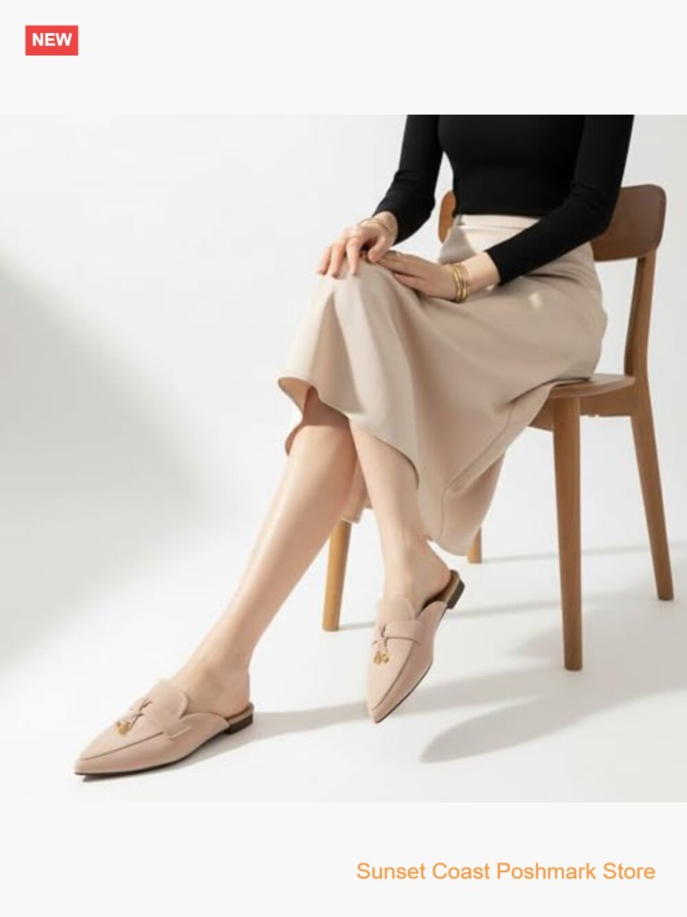 Pointed Toe Backless Loafers Mules with Metal Buckle Faux Suede Slip On Flats - Picture 3 of 7